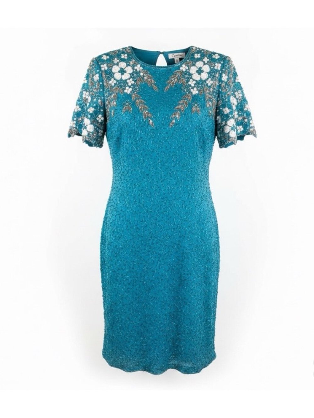 Sténay Womens Teal Beaded Sequin Floral Silk Evening Cocktail Dress Size 14